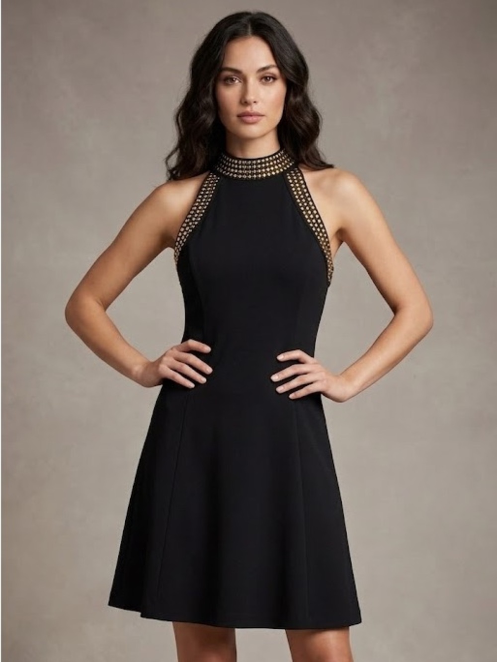 Michael Kors Black Halter Mini Dress with Studded Trim